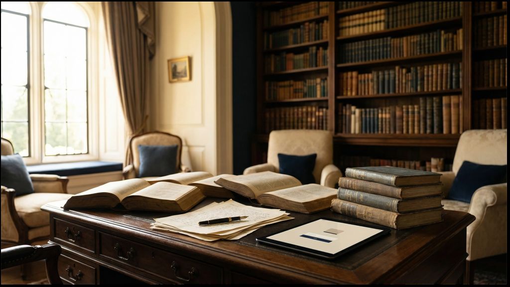 Cozy study room with large wooden desk holding open books, a tablet, and papers, surrounded by armchairs and bookshelves filled with old books.