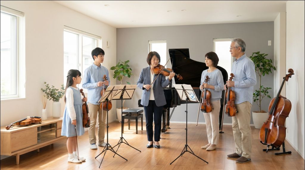 Five people, including an instructor, standing with violins in a bright room with a grand piano and sheet music stands.