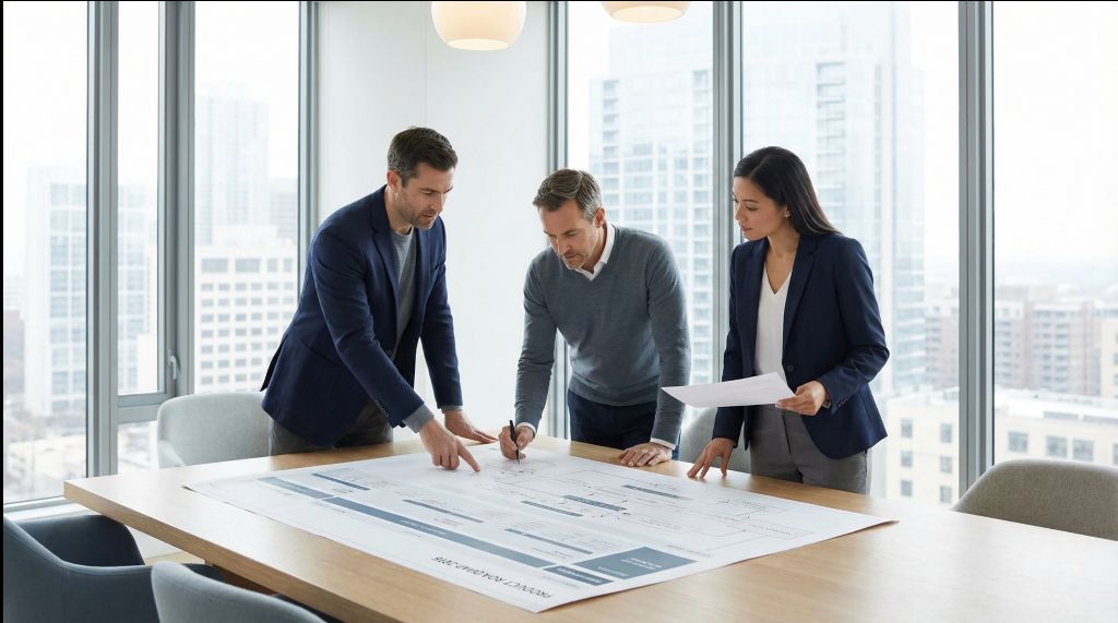 Three professionals reviewing and discussing a large project plan spread out on a conference table in an office with city views.