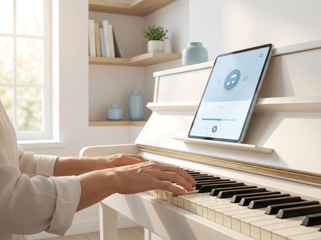 Piano teacher hands on white piano keys with music learning app on tablet