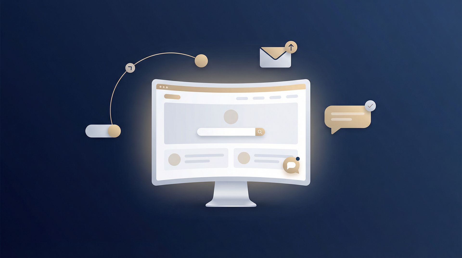 Curved computer monitor displaying a webpage with search bar and icons for email, chat, and settings on a dark blue background.
