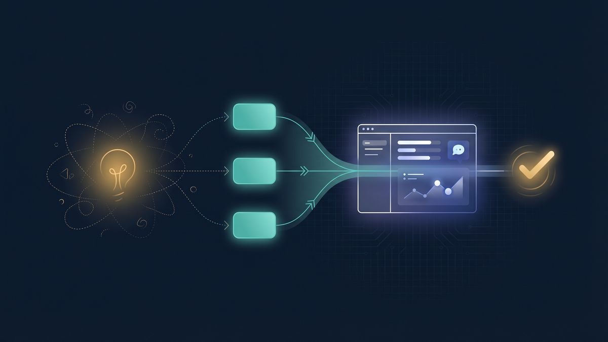 Glowing light bulb flowing through three blocks into a data interface leading to a checkmark symbolizing idea processing and validation.