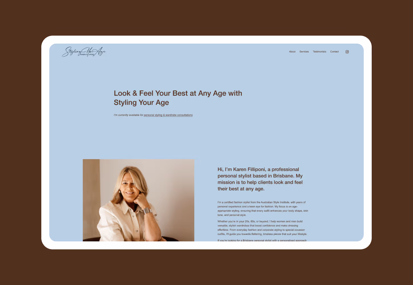 Website mockup of 'Styling Your Age' homepage.