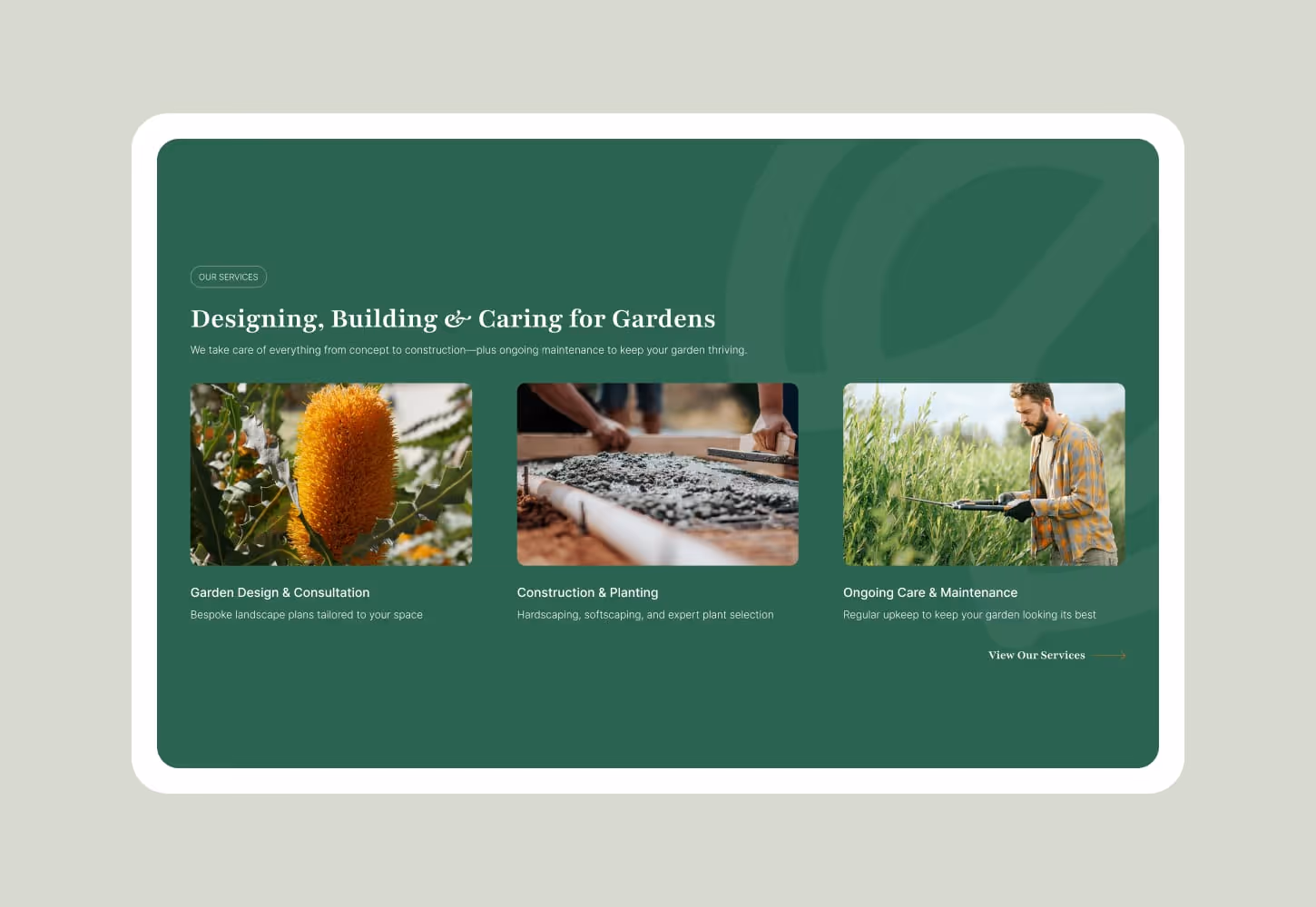 Grounded Gardens services - including design consultation, construction and planting, and ongoing care and maintenance.