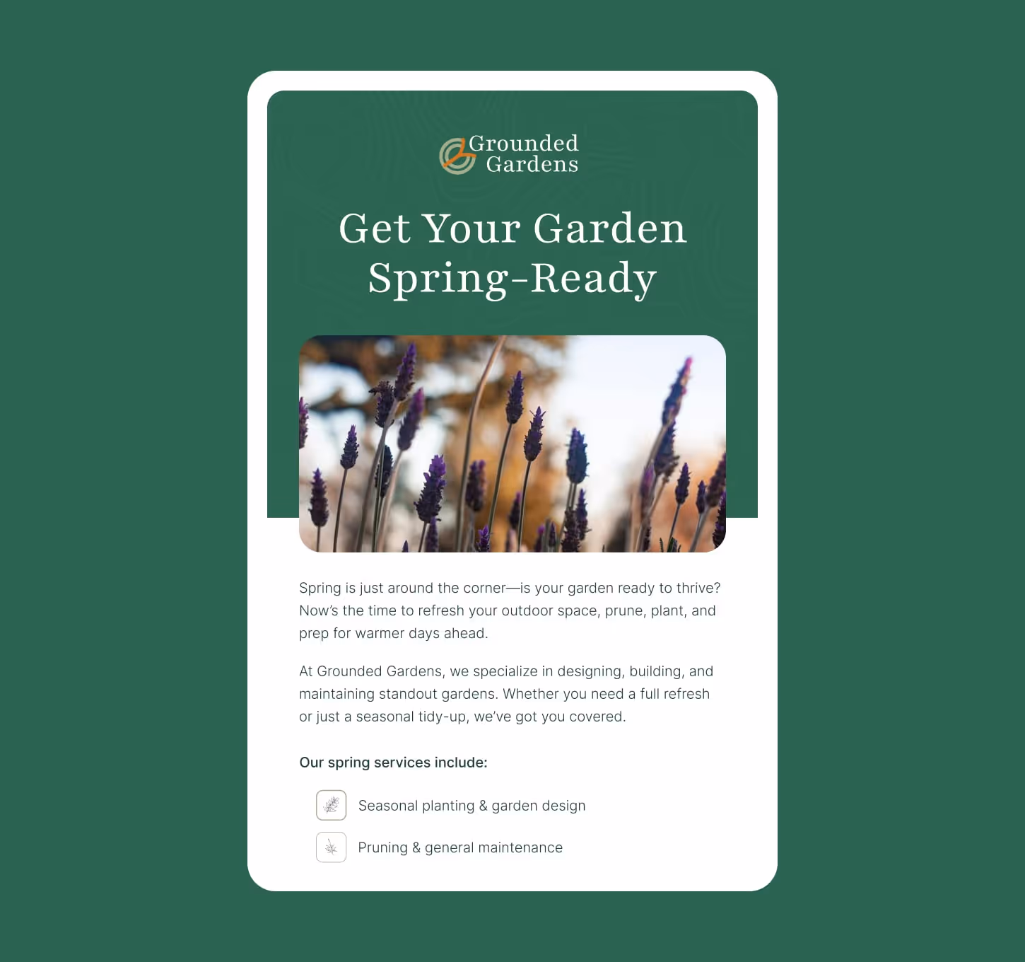 An EDM mockup of Grounded Gardens marketing collateral.