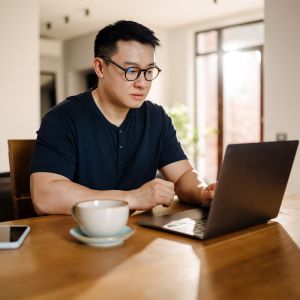 a men is working on his laptop