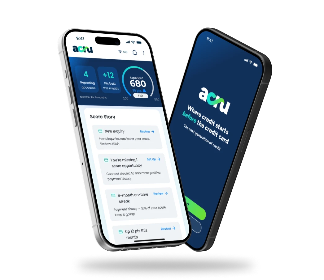 Two phones showing Acru app user dashboard and login page with a credit score and credit notifications