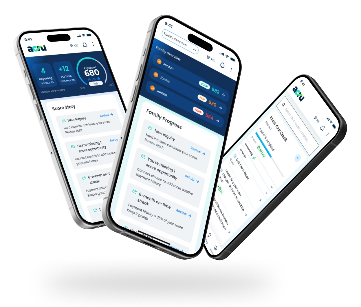 Three phones showing Acru app user dashboards, the one for the parent user and the one for the young adult user, and login page with a credit score and credit notifications