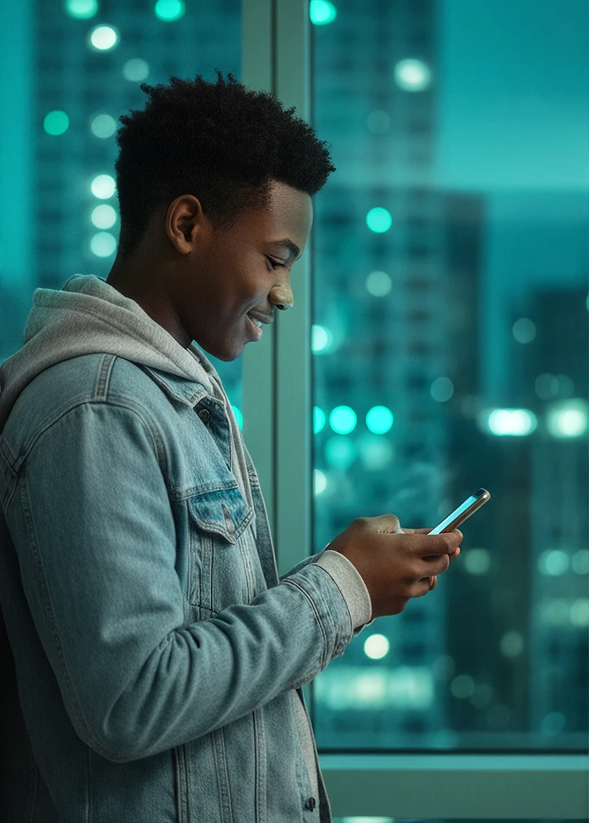 Young adult son smiling at his phone standing next to a window with a turquoise-toned city night background
