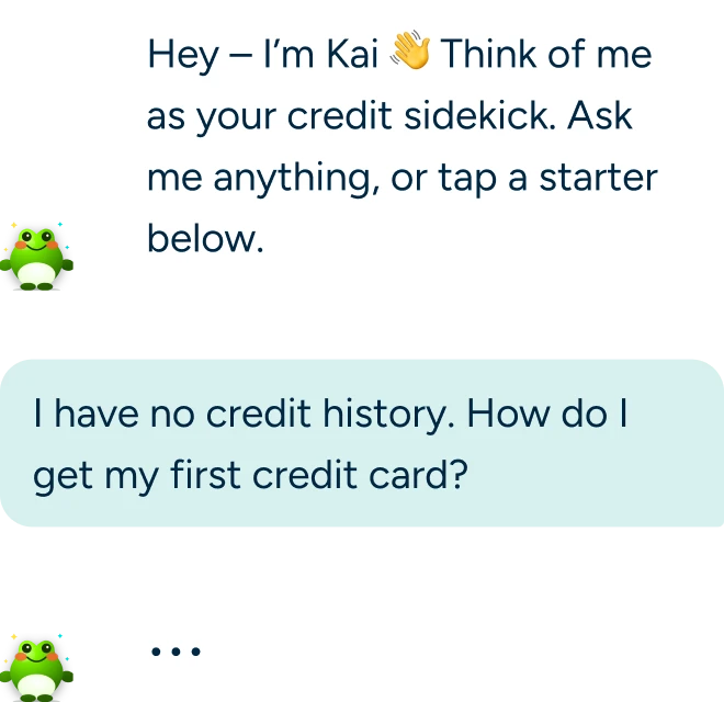 Acru's AI Credit Mentor Kai chat asking about getting your first credit card