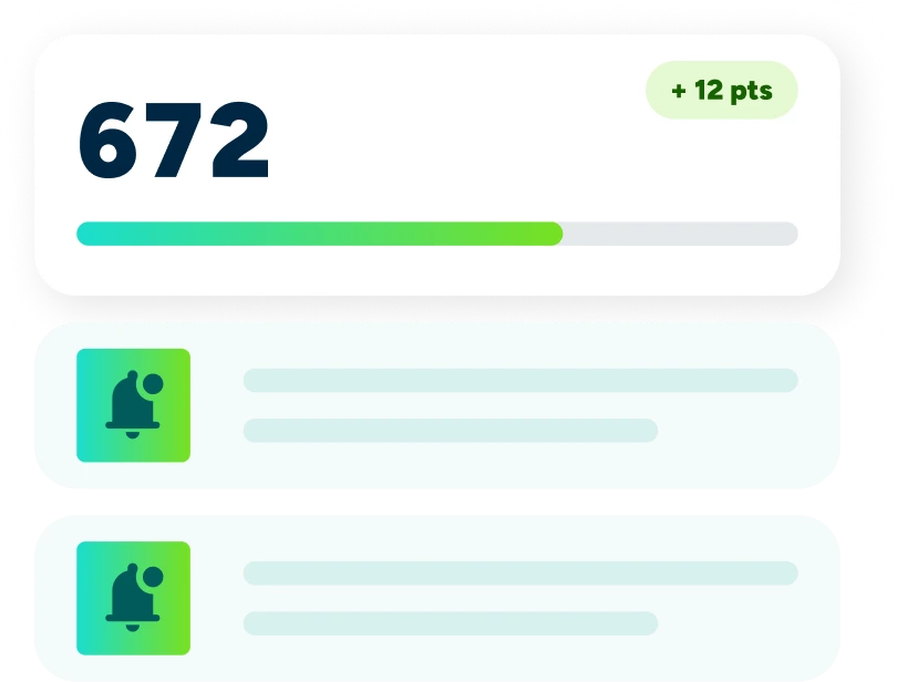 A visual of the Acru dashboard showing a credit score of 672 and a +12 points callout with alerts listed below it