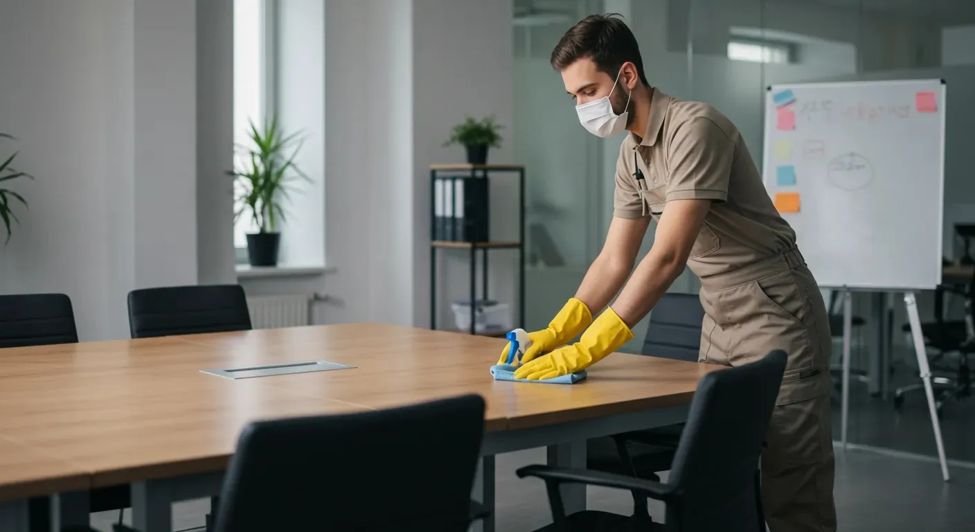 A man wearing a mask and gloves is cleaning a table with a cloth.