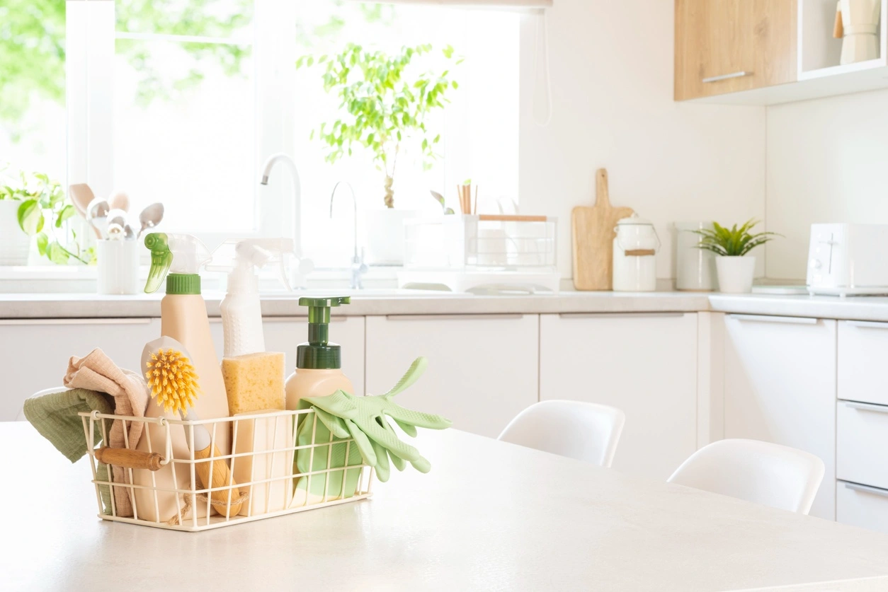 A kitchen table featuring a basket filled with various cleaning supplies.
