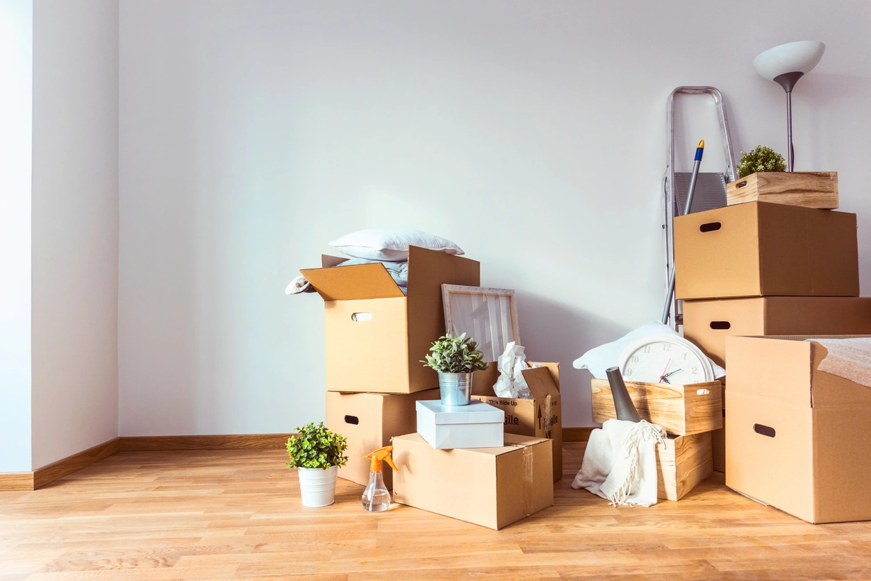 Moving boxes and cleaning supplies arranged in an empty room, indicating preparation for a move or deep cleaning.