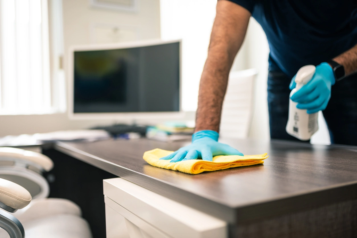 A person wipes a desk with a rag, cleaning the surface thoroughly.
