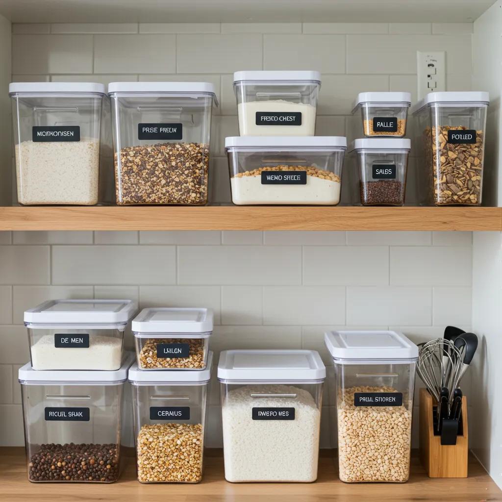 A well-organised kitchen featuring labelled containers and a dedicated meal-prep station, demonstrating effective kitchen organisation