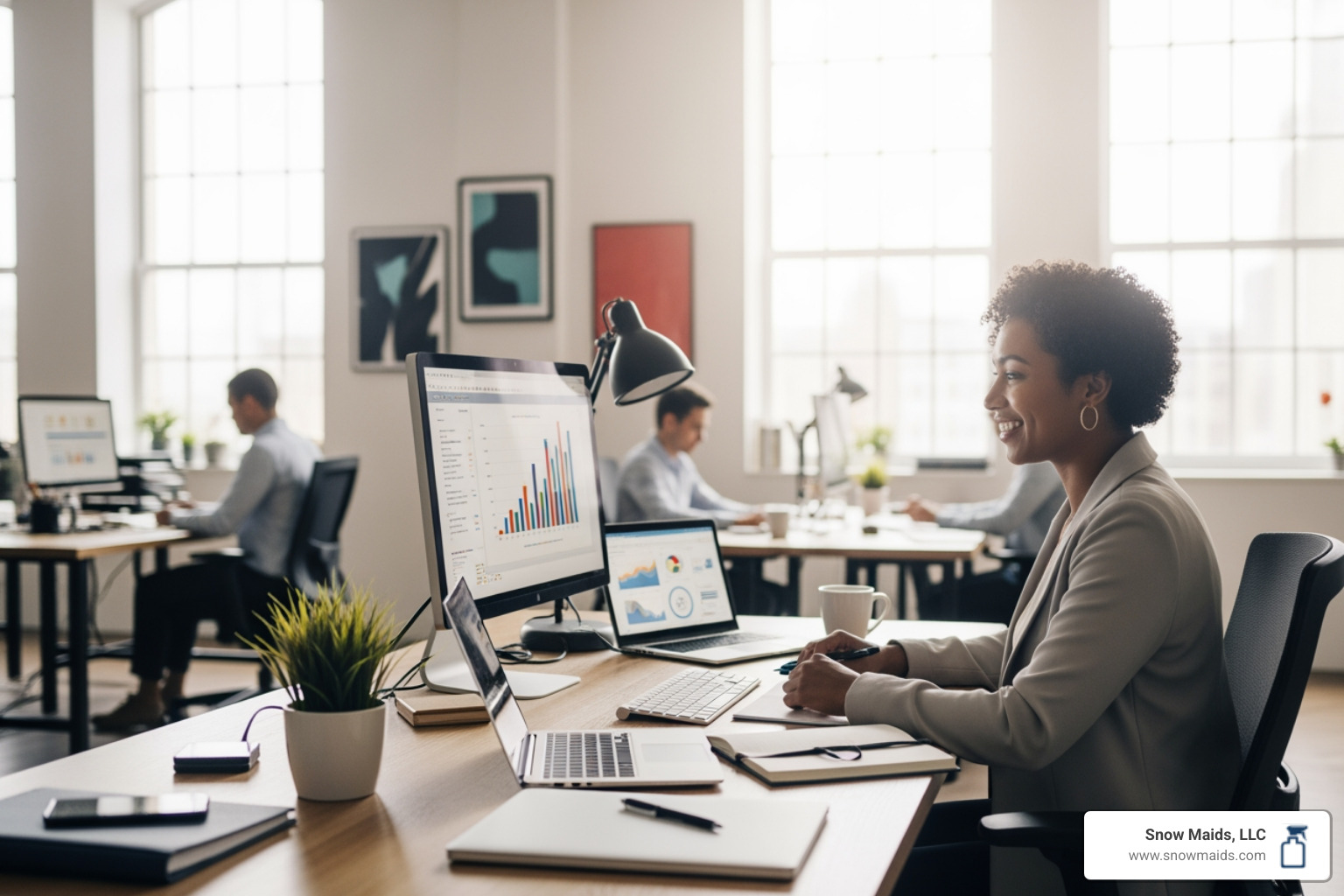 A productive and happy employee in a sparkling clean office environment, with natural light and modern decor - 24 hour commercial cleaning service in colorado springs, co