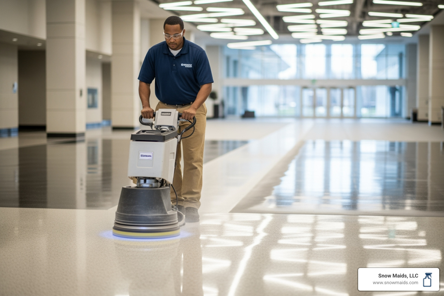 A cleaning professional using specialized floor cleaning equipment to buff a large commercial floor - 24 hour commercial cleaning service in colorado springs, co