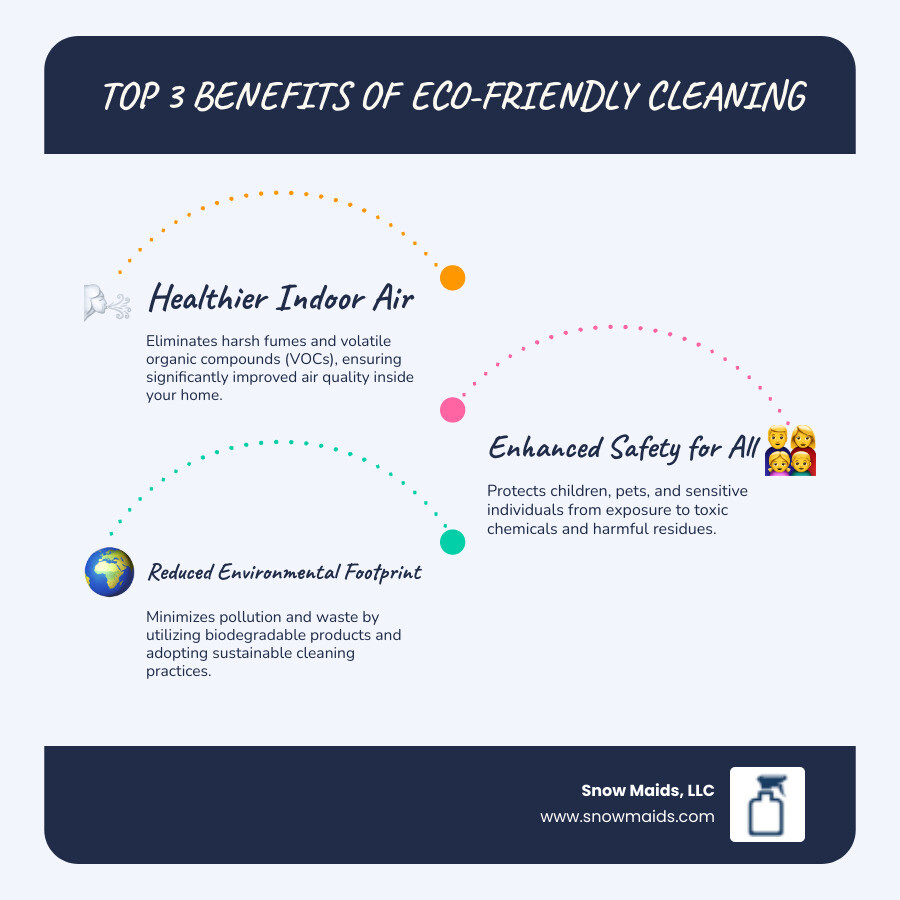 infographic showing the top 3 benefits of eco-friendly cleaning: healthier indoor air quality with no harsh fumes, protection for children and pets from toxic chemicals, and reduced environmental impact through biodegradable products and sustainable practices - affordable eco friendly cleaning service in colorado springs, co infographic infographic-line-3-steps-blues-accent_colors