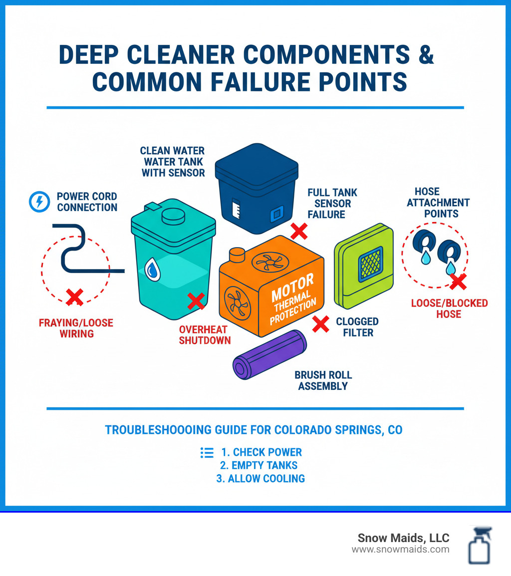 Infographic showing the main components of a carpet deep cleaner including power cord connection point, dirty water tank with sensor, clean water reservoir, motor housing with thermal protection, filter access panel, brush roll assembly, and hose attachment points with common failure locations marked - deep cleaning won't turn on in colorado springs, co infographic Infographic showing the main components of a carpet deep cleaner including power cord connection point, dirty water tank with sensor, clean water reservoir, motor housing with thermal protection, filter access panel, brush roll assembly, and hose attachment points with common failure locations marked - deep cleaning won't turn on in colorado springs, co infographic