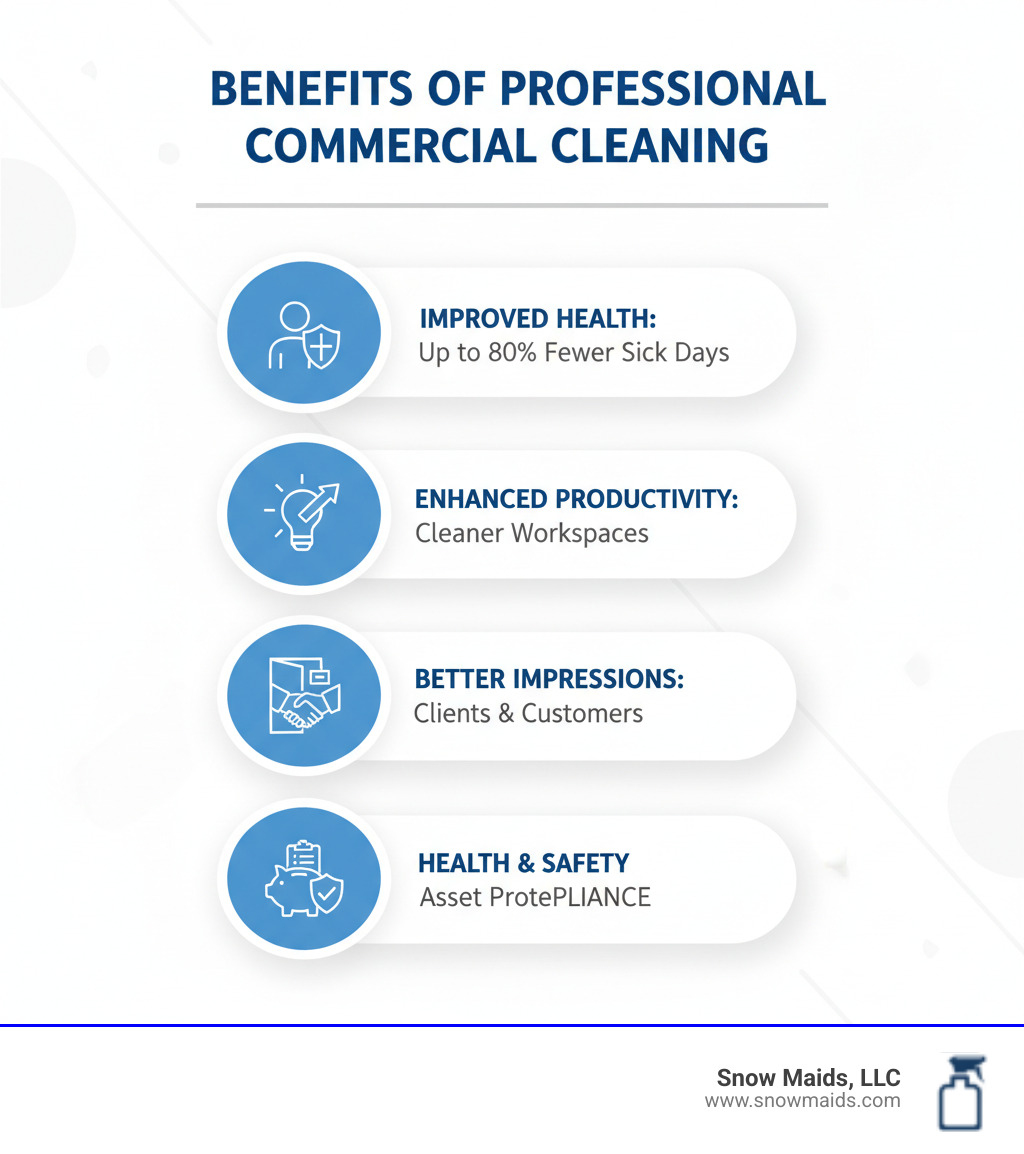 Infographic showing the benefits of professional commercial cleaning: improved employee health with up to 80% reduction in sick days, enhanced productivity through cleaner workspaces, better first impressions for clients and customers, long-term cost savings through asset protection, and compliance with health and safety regulations - affordable commercial cleaning installation in golden, co infographic 