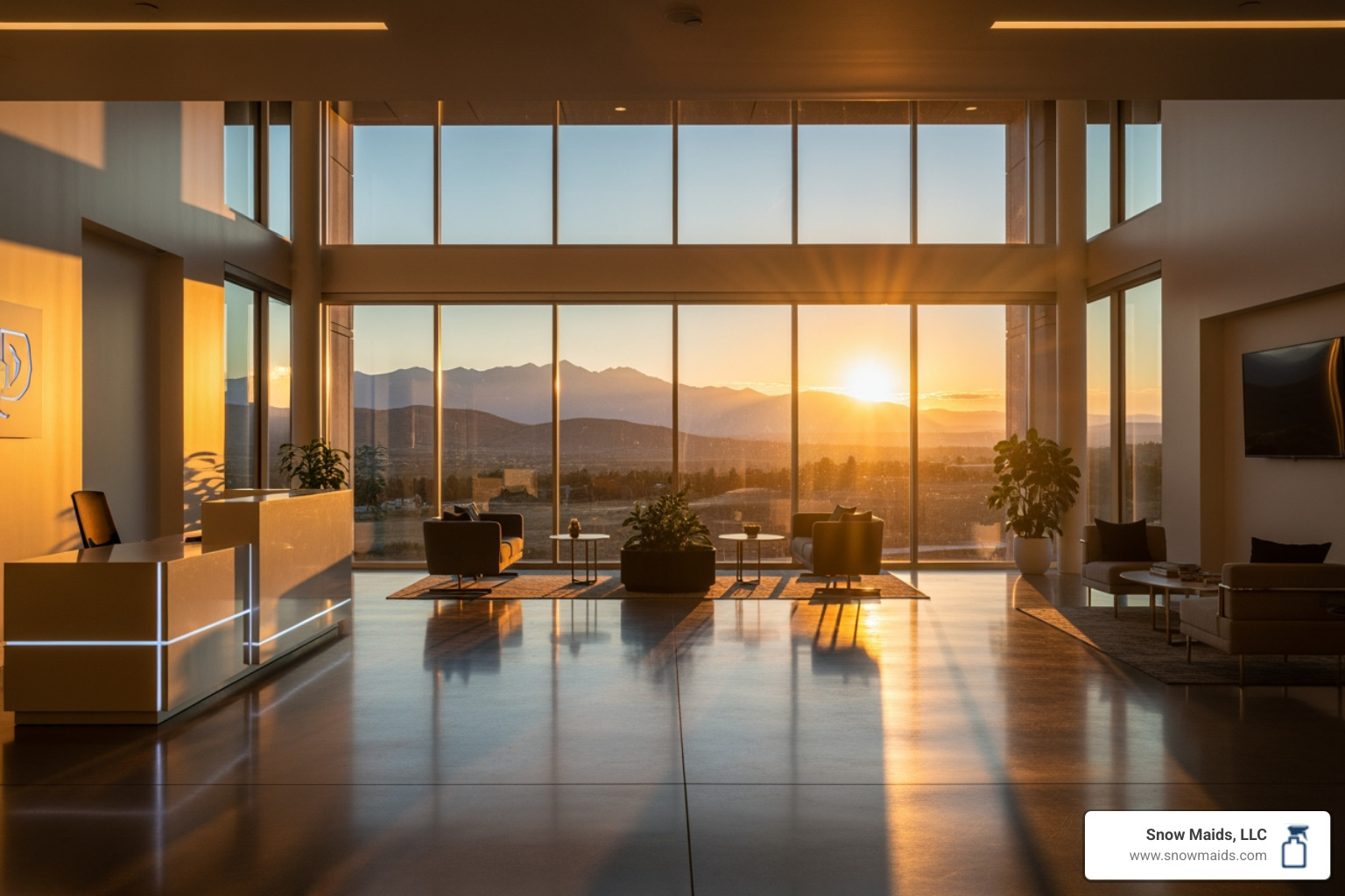 pristine office lobby at sunset with views of the Golden, CO landscape - affordable commercial cleaning installation in golden, co