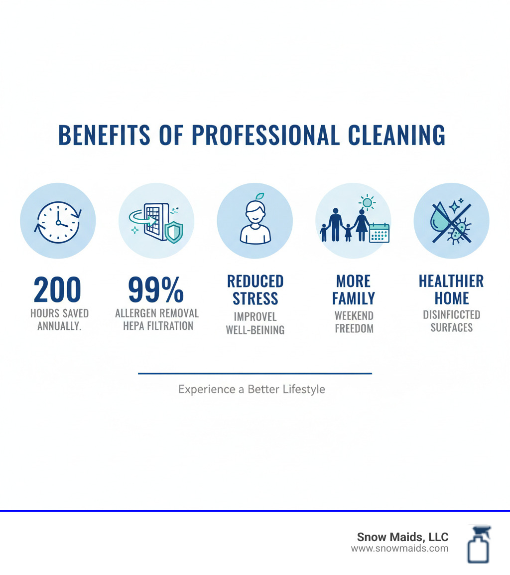 Infographic showing benefits of professional cleaning: 200 hours saved annually, 99% allergen removal with HEPA filtration, reduced stress and improved mental well-being, more family time and weekend freedom, healthier home environment with disinfected surfaces - best house cleaning company in monument, co infographic 