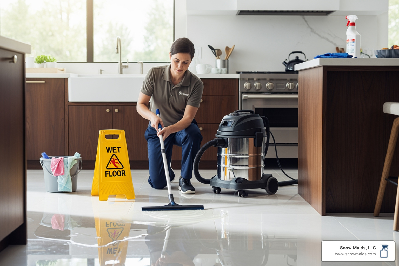 Professional cleaner efficiently managing a large liquid spill on a kitchen floor - 24/7 maid service repair in colorado springs, co Professional cleaner efficiently managing a large liquid spill on a kitchen floor - 24/7 maid service repair in colorado springs, co