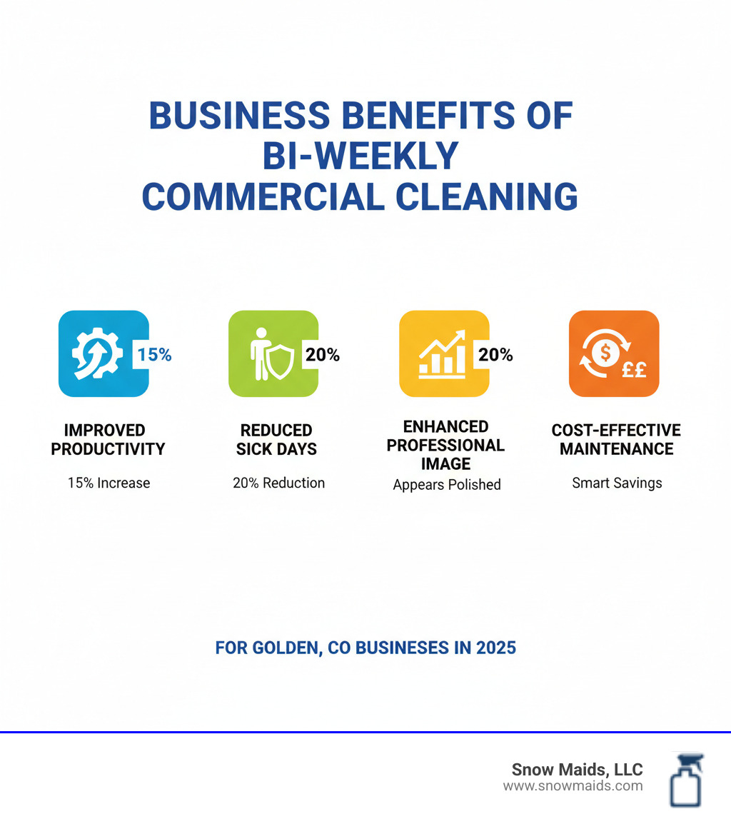 Infographic showing the business benefits of bi-weekly commercial cleaning: improved employee productivity with 15% increase icon, reduced sick days by 20% with health shield icon, enhanced professional image with rising graph icon, and cost-effective maintenance with dollar savings icon - bi-weekly commercial cleaning in golden, co infographic 