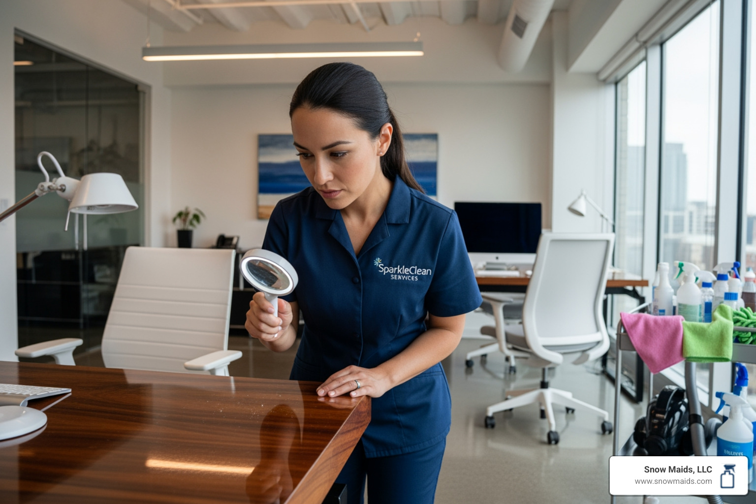 professional cleaner in a branded uniform inspecting a cleaned office space - eco-friendly office cleaning in golden, co professional cleaner in a branded uniform inspecting a cleaned office space - eco-friendly office cleaning in golden, co