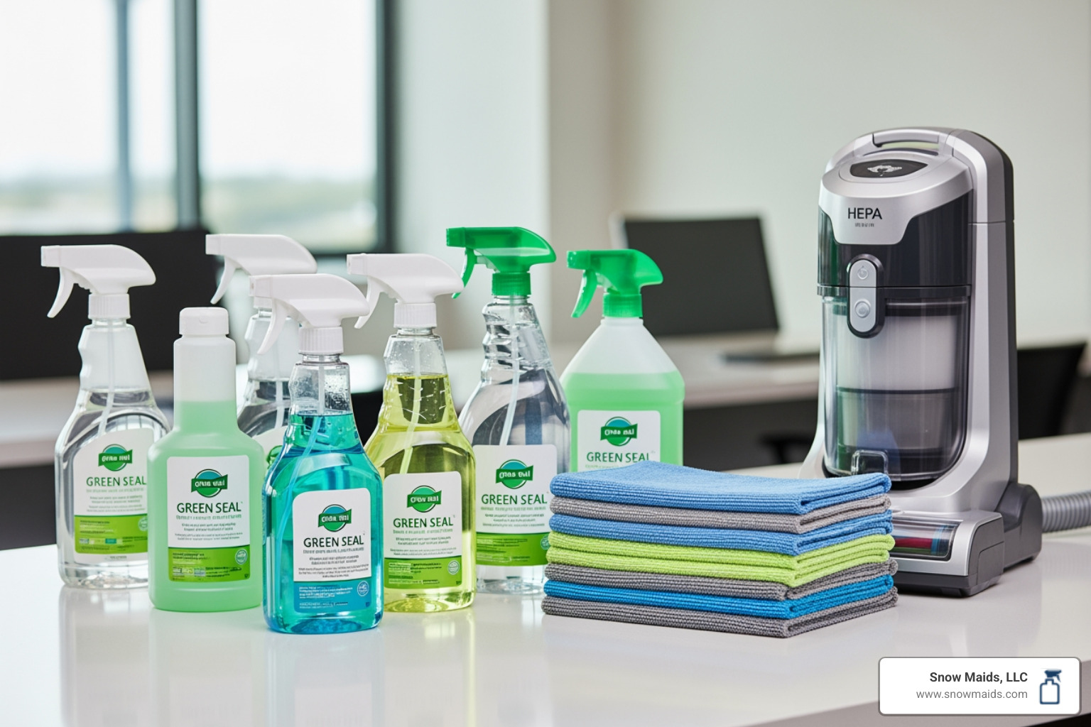collection of Green Seal certified products, microfiber cloths, and a HEPA filter vacuum - eco-friendly office cleaning in golden, co collection of Green Seal certified products, microfiber cloths, and a HEPA filter vacuum - eco-friendly office cleaning in golden, co