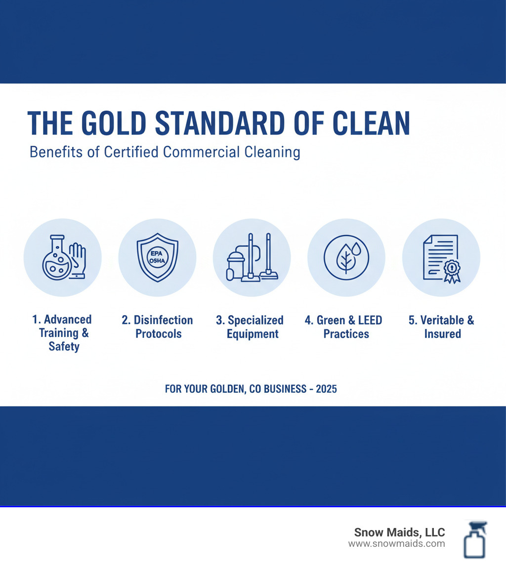 Infographic showing five key benefits of hiring certified commercial cleaning technicians: 1) Advanced training in cleaning science and chemical safety, 2) Proper disinfection protocols following EPA and OSHA guidelines, 3) Specialized equipment operation for different surfaces and materials, 4) Knowledge of green cleaning and LEED-compliant practices, 5) Verifiable credentials and insurance protection for your business - certified commercial cleaning technician in golden, co infographic Infographic showing five key benefits of hiring certified commercial cleaning technicians: 1) Advanced training in cleaning science and chemical safety, 2) Proper disinfection protocols following EPA and OSHA guidelines, 3) Specialized equipment operation for different surfaces and materials, 4) Knowledge of green cleaning and LEED-compliant practices, 5) Verifiable credentials and insurance protection for your business - certified commercial cleaning technician in golden, co infographic