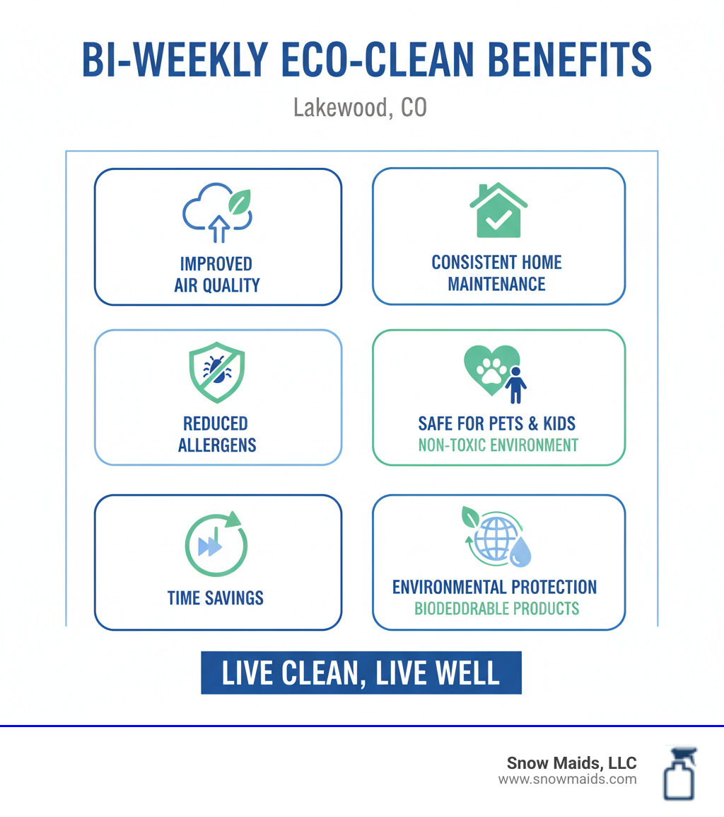 infographic showing benefits of bi-weekly eco-friendly cleaning including improved indoor air quality, reduced allergens, time savings, consistent home maintenance, non-toxic environment safe for pets and children, and environmental protection through biodegradable products - bi-weekly eco friendly cleaning in lakewood, co infographic infographic showing benefits of bi-weekly eco-friendly cleaning including improved indoor air quality, reduced allergens, time savings, consistent home maintenance, non-toxic environment safe for pets and children, and environmental protection through biodegradable products - bi-weekly eco friendly cleaning in lakewood, co infographic
