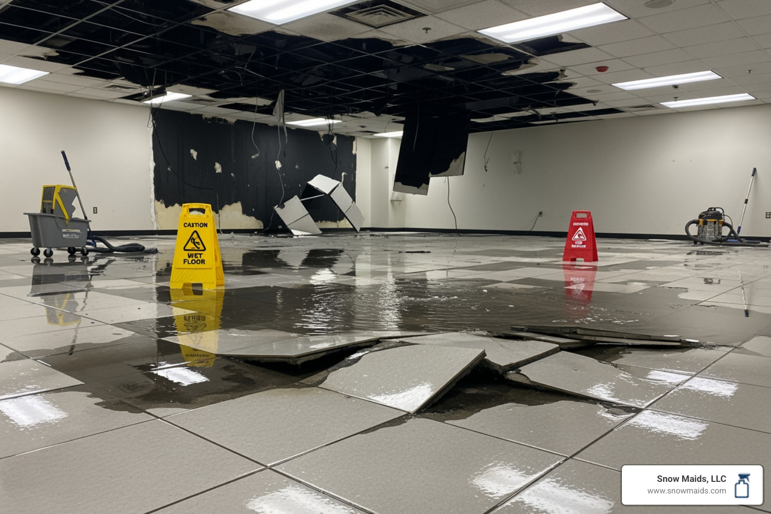 Water-damaged commercial floor requiring immediate attention - 24/7 commercial cleaning repair in colorado springs, co