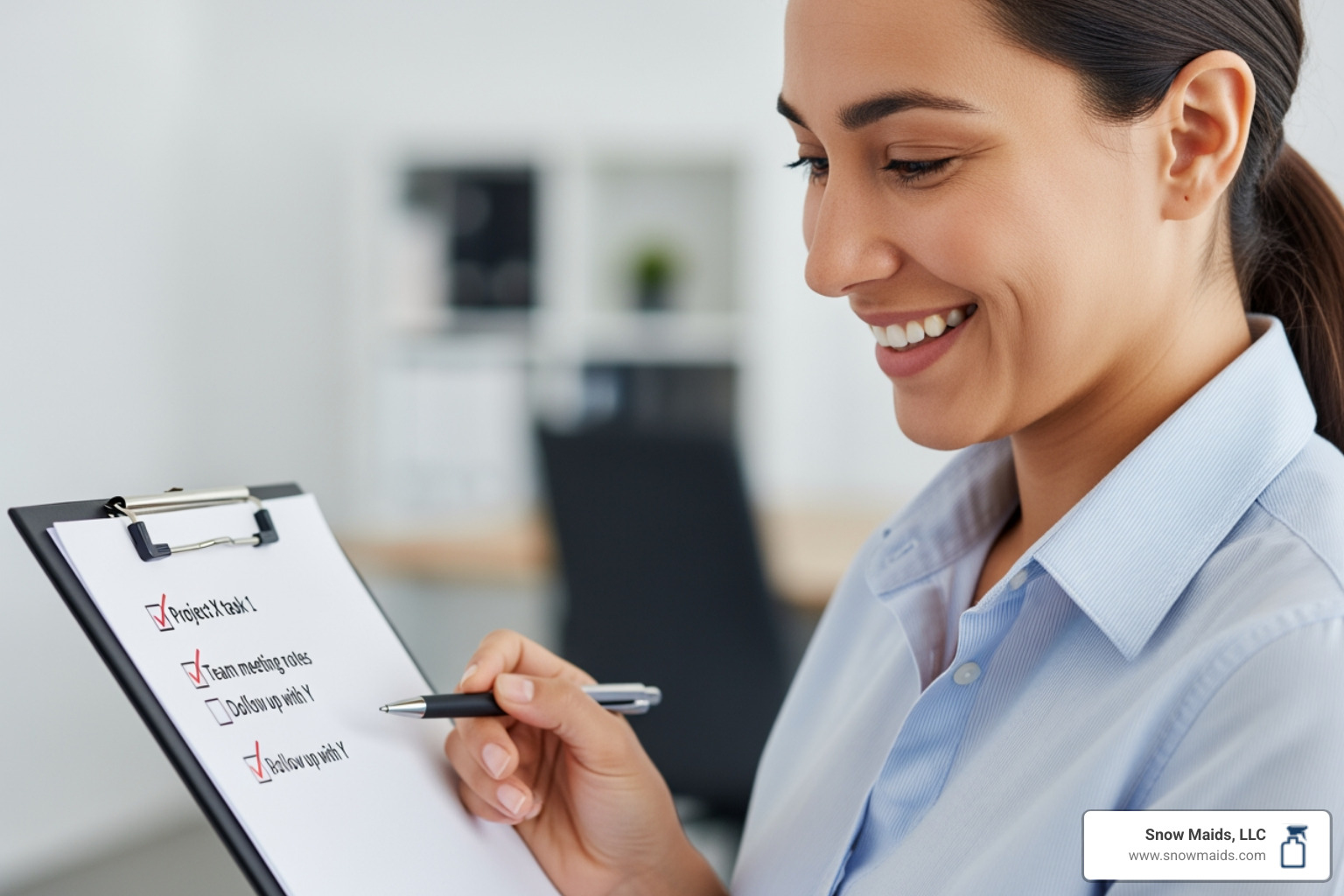 person smiling while looking at a checklist on a clipboard - affordable house cleaning repair in golden, co
