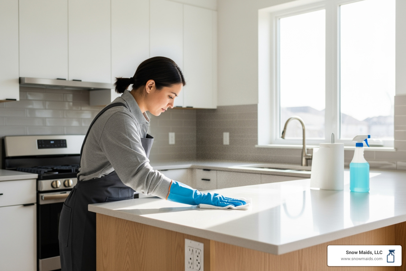 professional cleaner wiping kitchen countertop - Who offers post construction cleaning services for a new home build in Castle Rock?"
