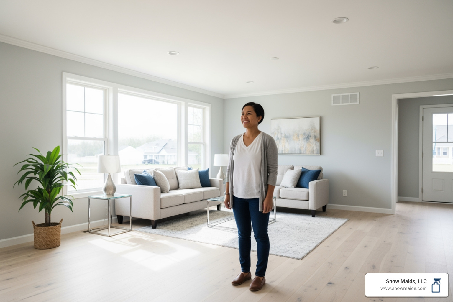 person smiling at clean new home - Who offers post construction cleaning services for a new home build in Castle Rock?"