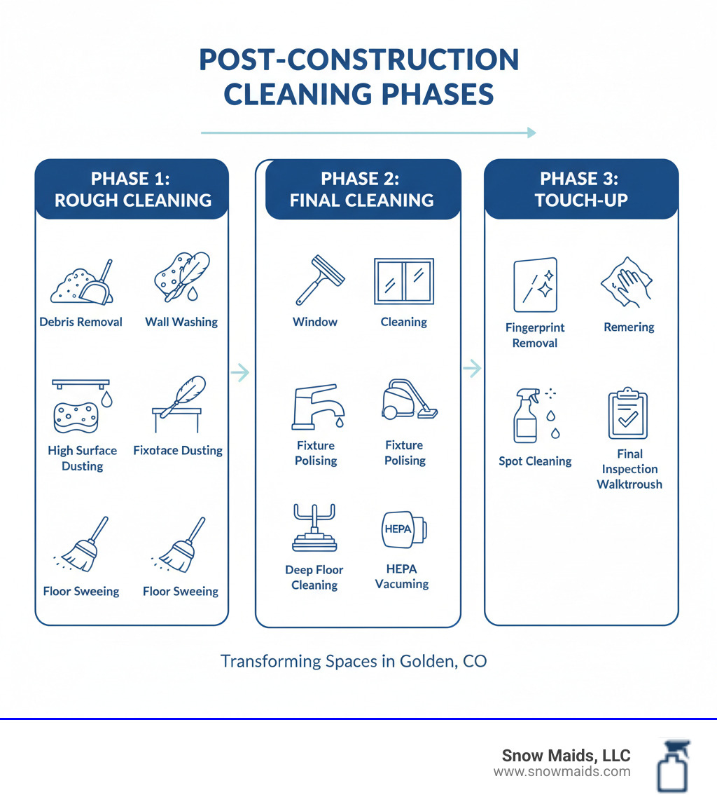 Infographic showing three phases of post-construction cleaning: Phase 1 Rough Cleaning includes debris removal, wall washing, high surface dusting, and floor sweeping; Phase 2 Final Cleaning includes window cleaning, fixture polishing, deep floor cleaning, and HEPA vacuuming; Phase 3 Touch-Up includes fingerprint removal, spot cleaning, and final inspection walkthrough - commercial cleaning after renovation in golden, co infographic 
