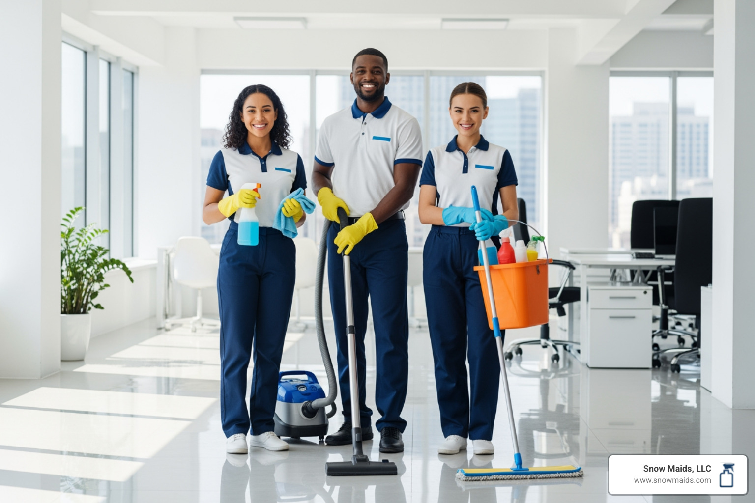 A professional cleaning team smiling and holding cleaning supplies in a clean office environment - commercial cleaning after renovation in golden, co