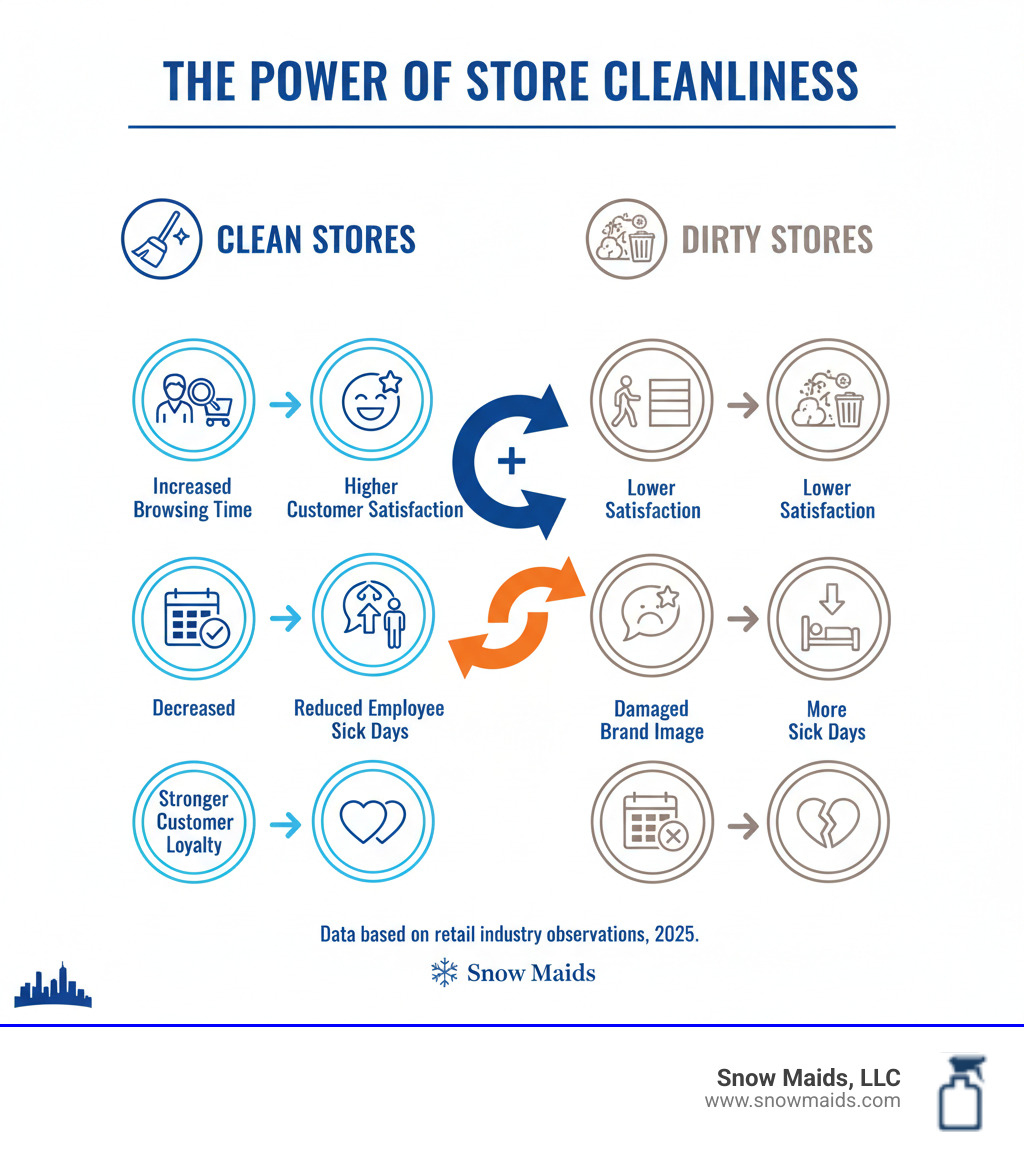 Infographic showing the connection between store cleanliness and customer behavior: clean stores see increased browsing time, higher customer satisfaction scores, improved brand perception, reduced employee sick days, and stronger customer loyalty compared to stores with visible dirt or clutter - "I need daily retail store cleaning for my boutique in downtown Denver." infographic 