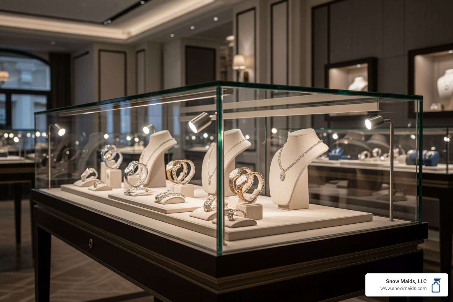 Pristine glass display case reflecting high-end merchandise - "I need daily retail store cleaning for my boutique in downtown Denver."