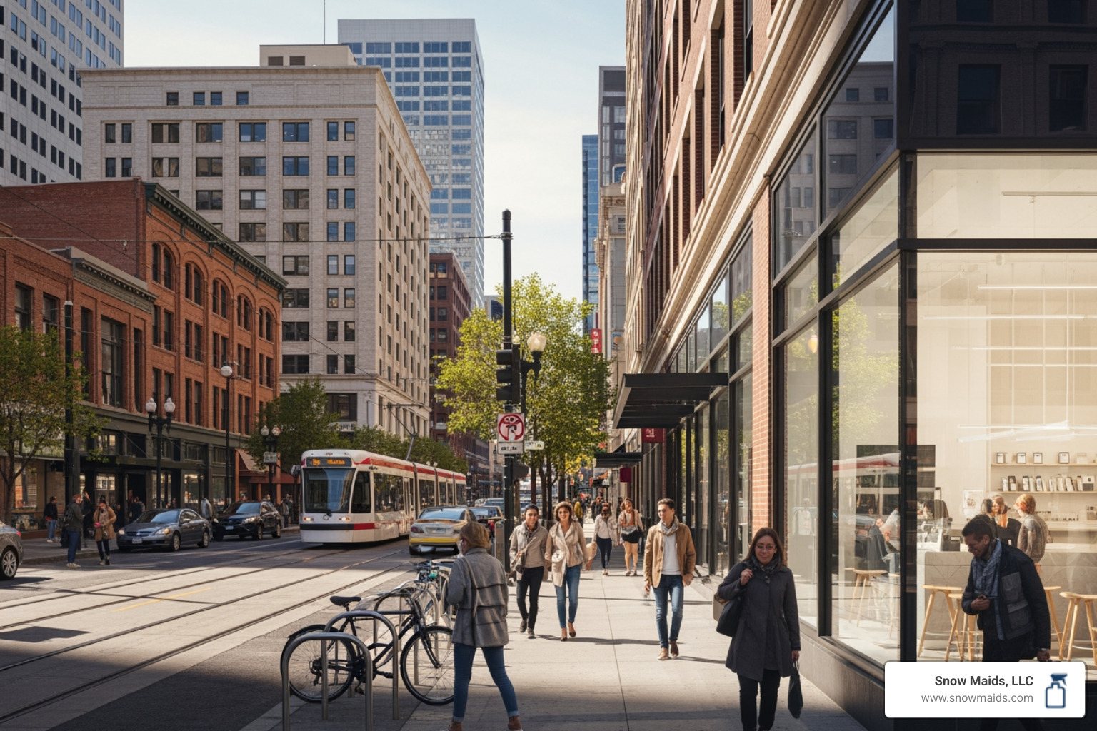 Busy downtown Denver street with a clean storefront standing out - "I need daily retail store cleaning for my boutique in downtown Denver."