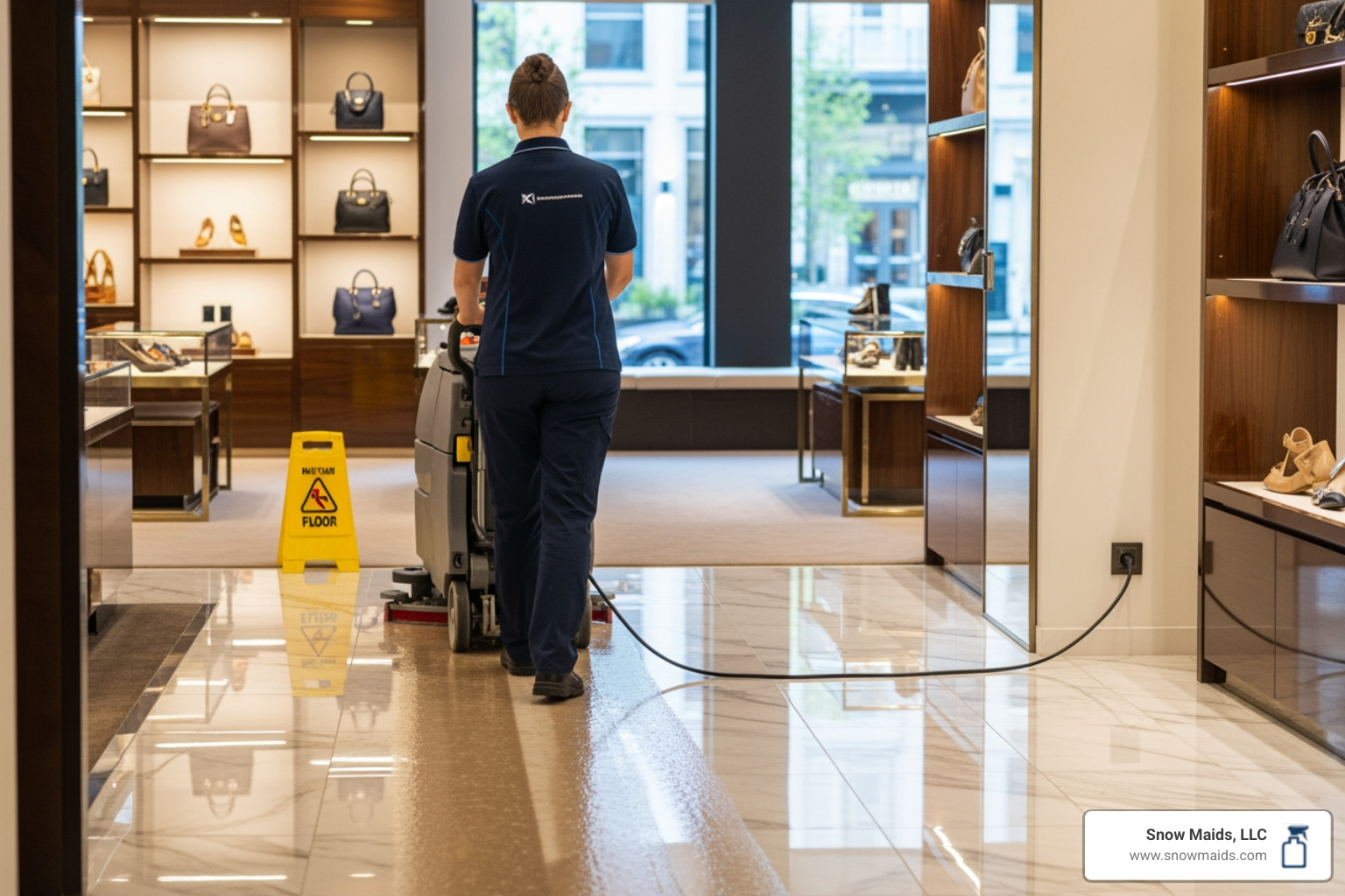 Professional cleaner using specialized equipment on a boutique floor - "I need daily retail store cleaning for my boutique in downtown Denver."