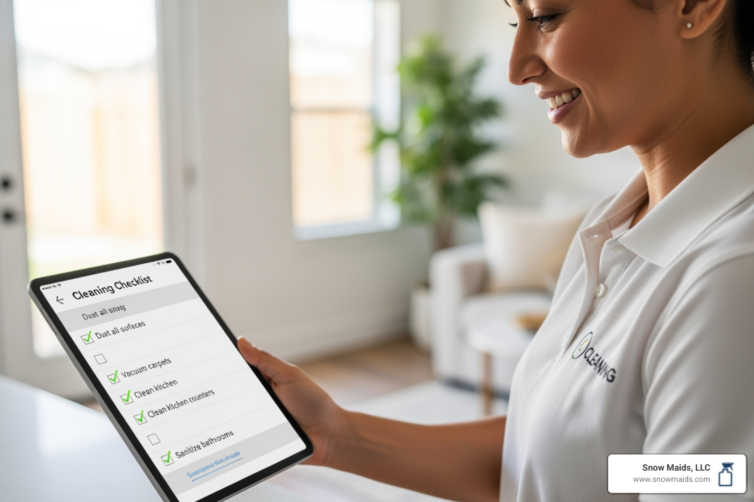 person smiling while looking at a cleaning service checklist on a tablet - affordable housekeeping service in monument, co