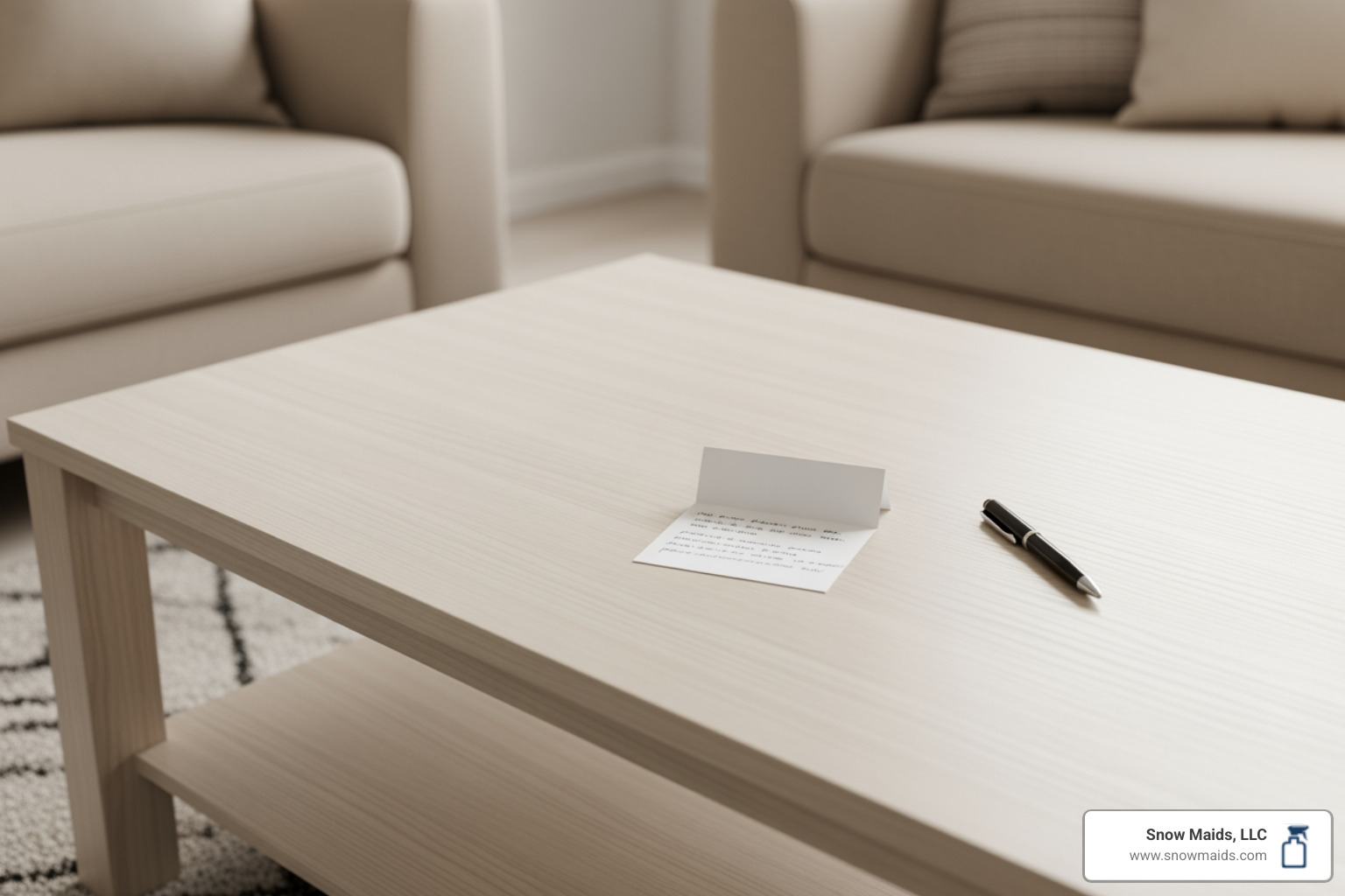 decluttered coffee table with a note for the cleaning team - affordable housekeeping service in monument, co