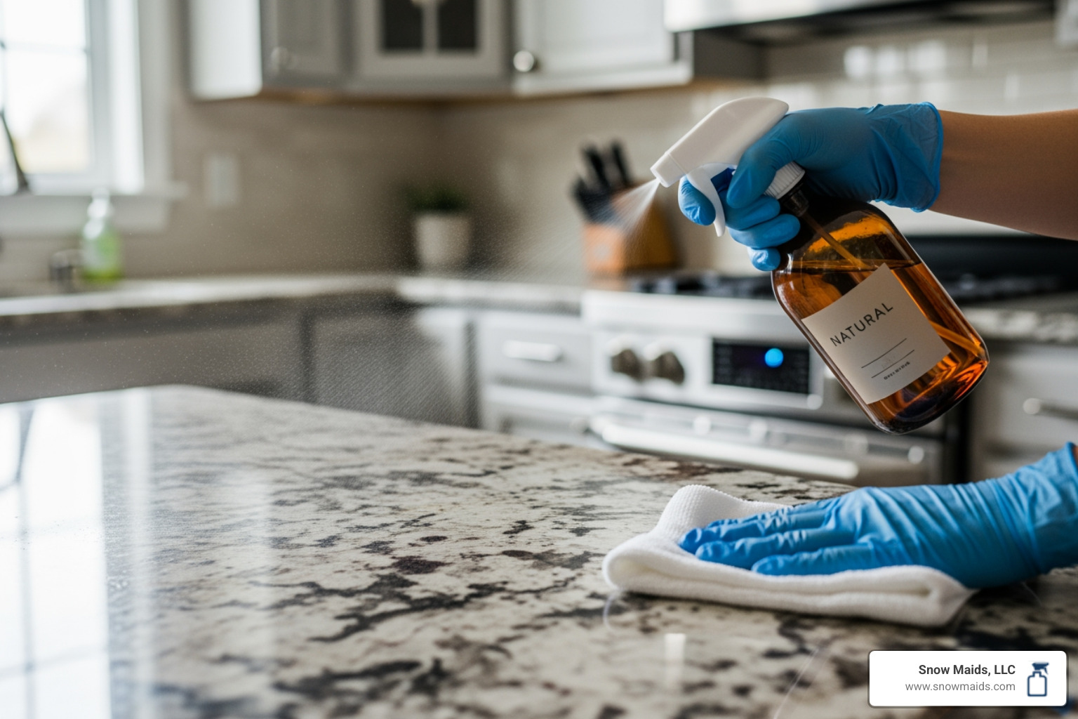 person in gloves using a natural spray to clean a granite countertop - deep eco friendly cleaning for kitchens in lakewood, co person in gloves using a natural spray to clean a granite countertop - deep eco friendly cleaning for kitchens in lakewood, co