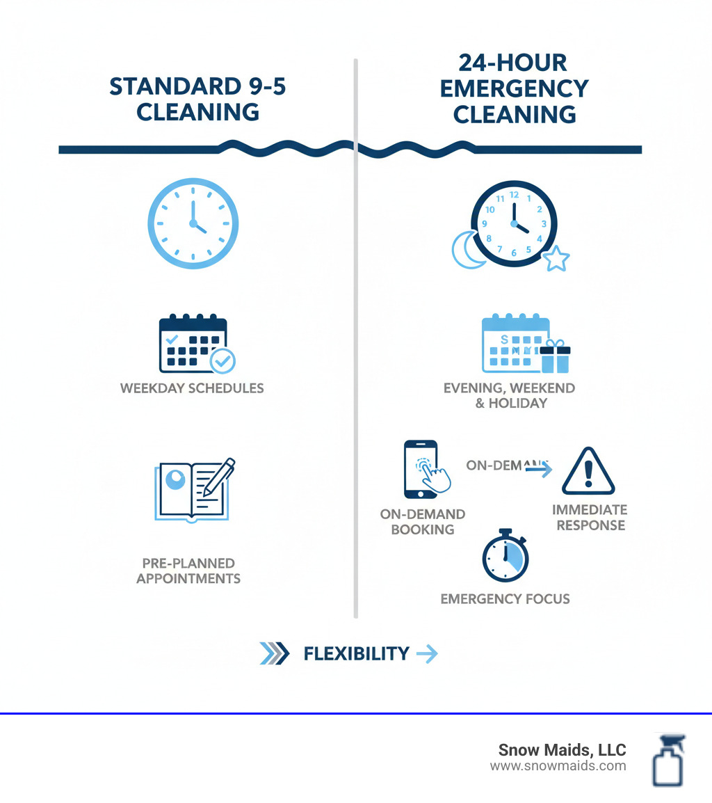 Infographic comparing standard 9-5 cleaning services showing fixed weekday schedules and pre-planned appointments versus 24-hour emergency cleaning services showing evening weekend and holiday availability on-demand booking immediate response times and emergency focus - 24 hour house cleaning service in colorado springs, co infographic Infographic comparing standard 9-5 cleaning services showing fixed weekday schedules and pre-planned appointments versus 24-hour emergency cleaning services showing evening weekend and holiday availability on-demand booking immediate response times and emergency focus - 24 hour house cleaning service in colorado springs, co infographic