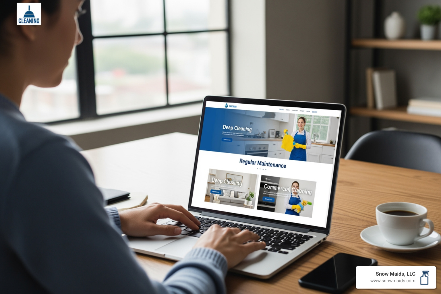 Person looking at cleaning company website on laptop - eco-friendly move out cleaning in colorado springs, co Person looking at cleaning company website on laptop - eco-friendly move out cleaning in colorado springs, co