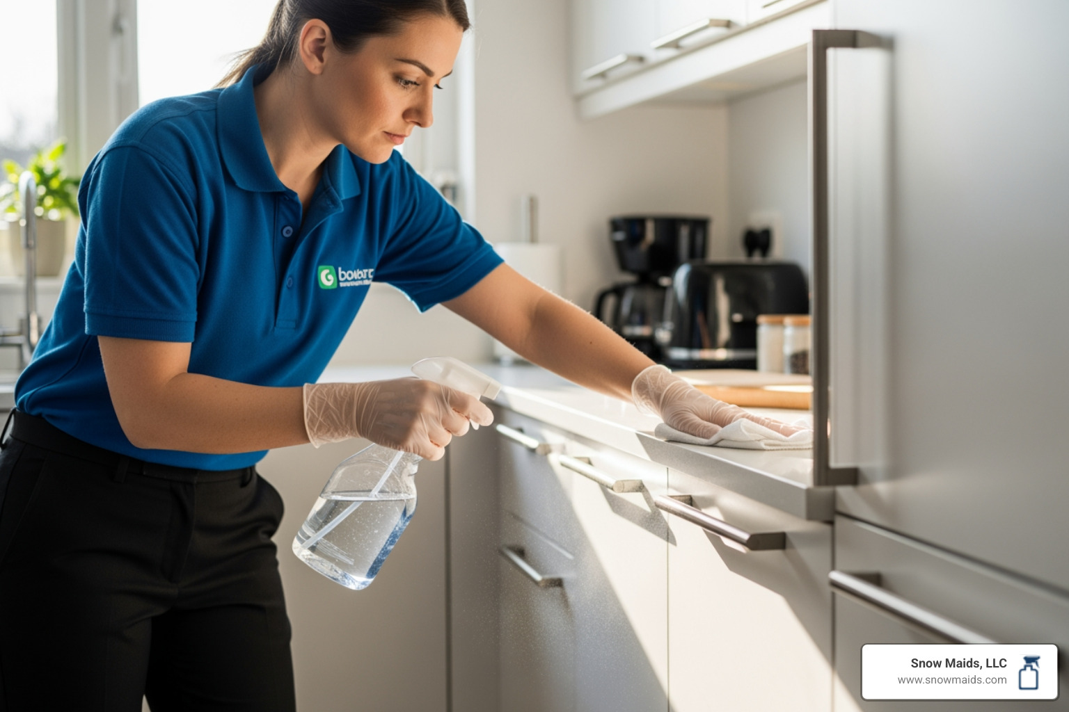 A uniformed professional cleaner meticulously wiping down kitchen cabinet fronts with a spray bottle and cloth, demonstrating attention to detail - best deep cleaning company in monument, co A uniformed professional cleaner meticulously wiping down kitchen cabinet fronts with a spray bottle and cloth, demonstrating attention to detail - best deep cleaning company in monument, co