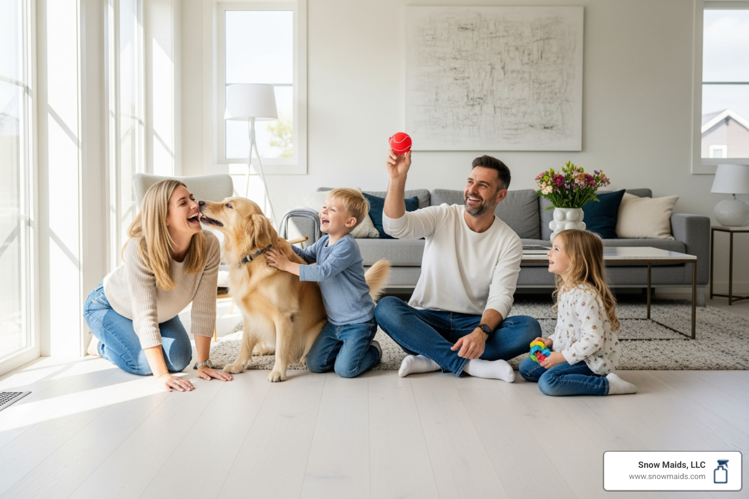 happy family with pet on clean floor - eco-friendly regular cleaning in colorado springs, co happy family with pet on clean floor - eco-friendly regular cleaning in colorado springs, co